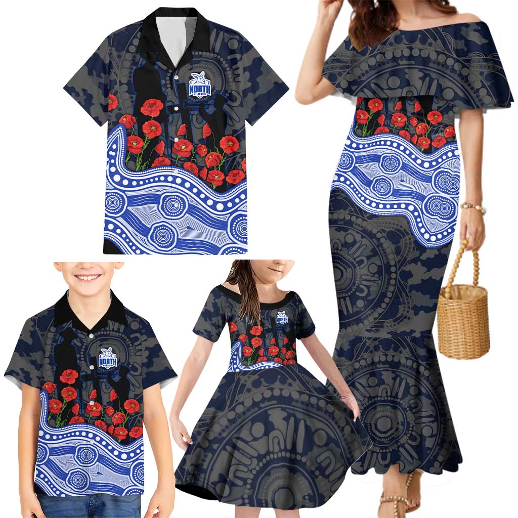 North Melbourne Kangaroos ANZAC Day Family Matching Mermaid Dress and Hawaiian Shirt Indigenous Dot Art with Poppy Flower Tribute
