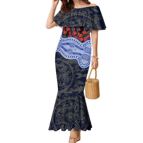 North Melbourne Kangaroos ANZAC Day Family Matching Mermaid Dress and Hawaiian Shirt Indigenous Dot Art with Poppy Flower Tribute