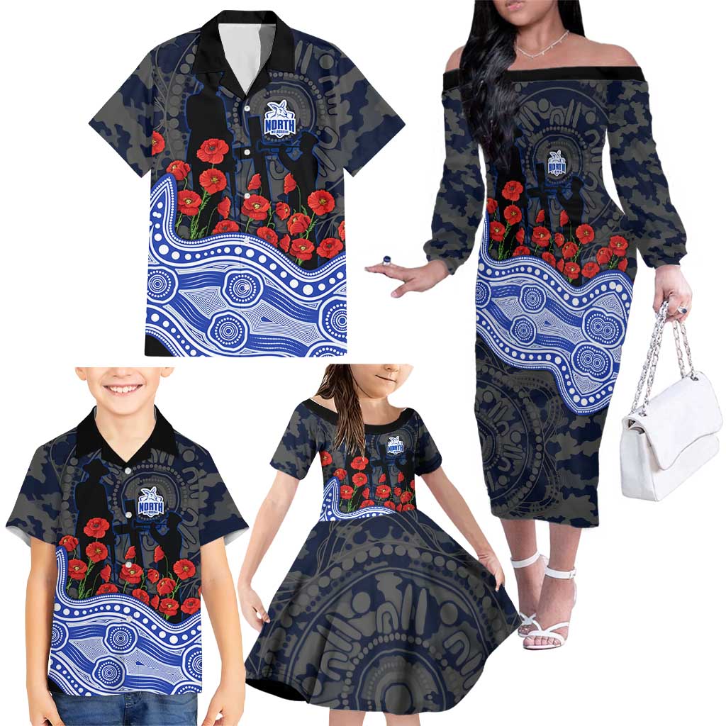 North Melbourne Kangaroos ANZAC Day Family Matching Off The Shoulder Long Sleeve Dress and Hawaiian Shirt Indigenous Dot Art with Poppy Flower Tribute