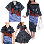 North Melbourne Kangaroos ANZAC Day Family Matching Off The Shoulder Long Sleeve Dress and Hawaiian Shirt Indigenous Dot Art with Poppy Flower Tribute