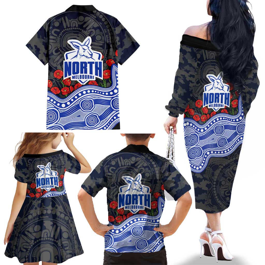 North Melbourne Kangaroos ANZAC Day Family Matching Off The Shoulder Long Sleeve Dress and Hawaiian Shirt Indigenous Dot Art with Poppy Flower Tribute