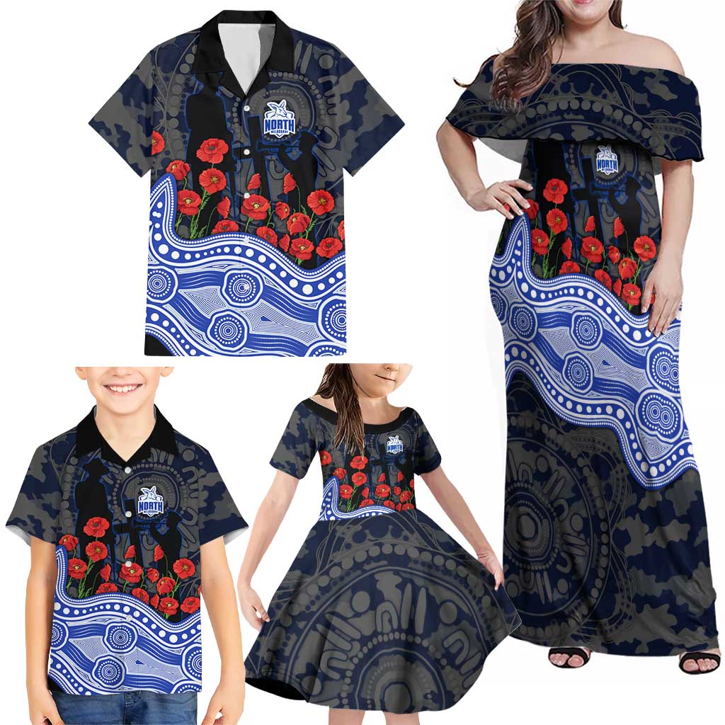 North Melbourne Kangaroos ANZAC Day Family Matching Off Shoulder Maxi Dress and Hawaiian Shirt Indigenous Dot Art with Poppy Flower Tribute