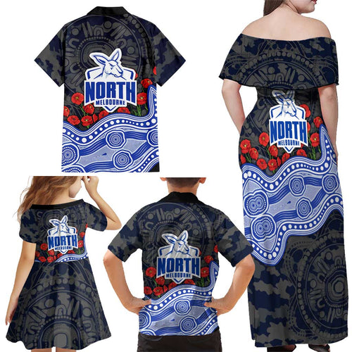 North Melbourne Kangaroos ANZAC Day Family Matching Off Shoulder Maxi Dress and Hawaiian Shirt Indigenous Dot Art with Poppy Flower Tribute