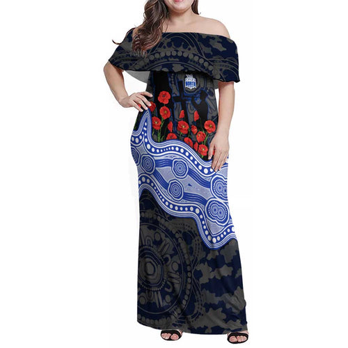 North Melbourne Kangaroos ANZAC Day Family Matching Off Shoulder Maxi Dress and Hawaiian Shirt Indigenous Dot Art with Poppy Flower Tribute