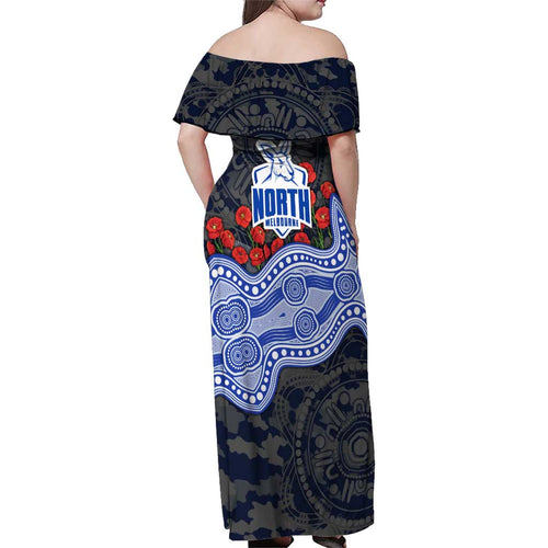 North Melbourne Kangaroos ANZAC Day Family Matching Off Shoulder Maxi Dress and Hawaiian Shirt Indigenous Dot Art with Poppy Flower Tribute