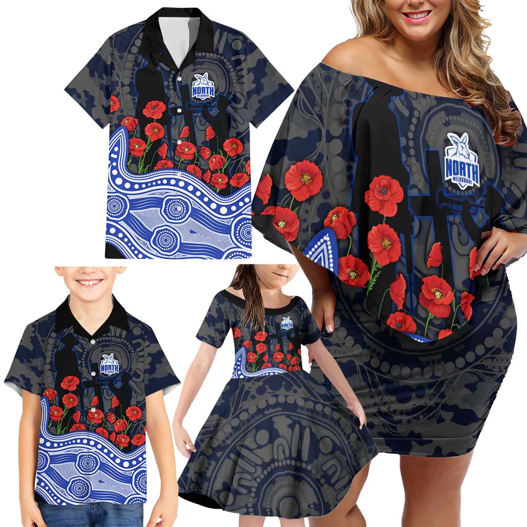 North Melbourne Kangaroos ANZAC Day Family Matching Off Shoulder Short Dress and Hawaiian Shirt Indigenous Dot Art with Poppy Flower Tribute