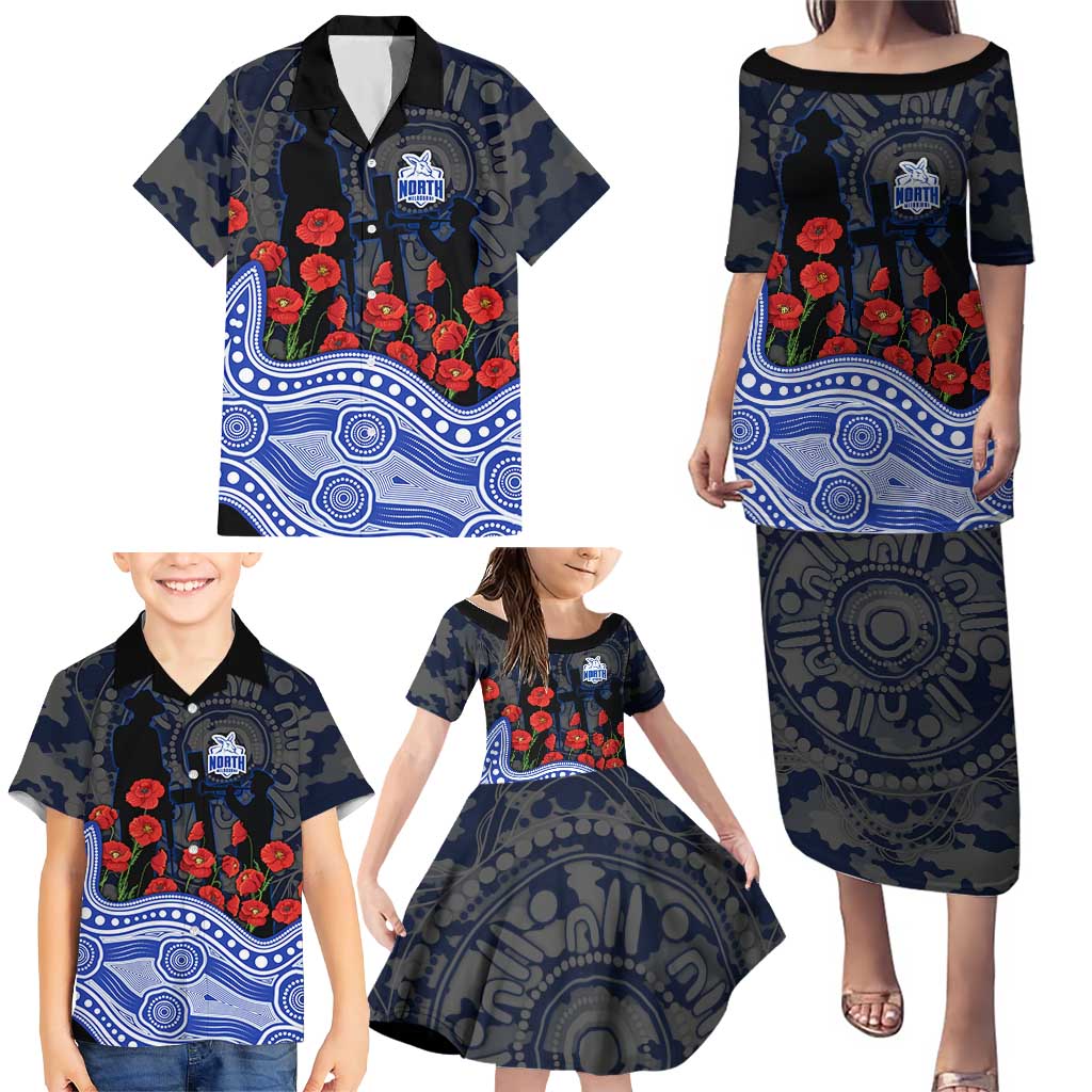 North Melbourne Kangaroos ANZAC Day Family Matching Puletasi and Hawaiian Shirt Indigenous Dot Art with Poppy Flower Tribute