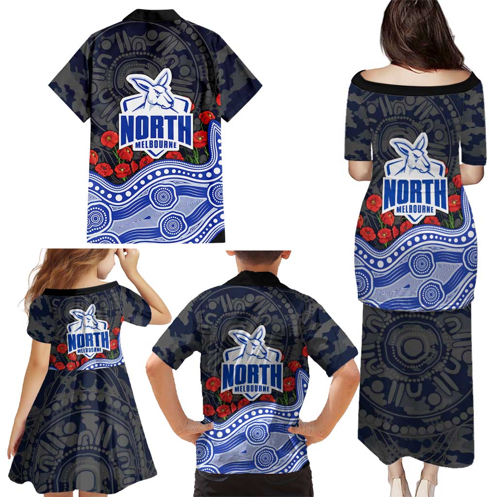North Melbourne Kangaroos ANZAC Day Family Matching Puletasi and Hawaiian Shirt Indigenous Dot Art with Poppy Flower Tribute
