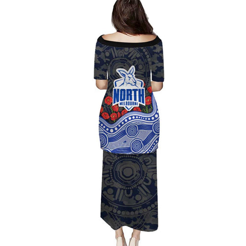 North Melbourne Kangaroos ANZAC Day Family Matching Puletasi and Hawaiian Shirt Indigenous Dot Art with Poppy Flower Tribute