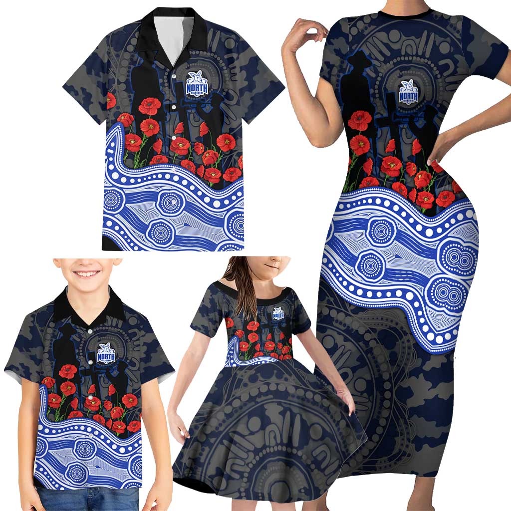 North Melbourne Kangaroos ANZAC Day Family Matching Short Sleeve Bodycon Dress and Hawaiian Shirt Indigenous Dot Art with Poppy Flower Tribute