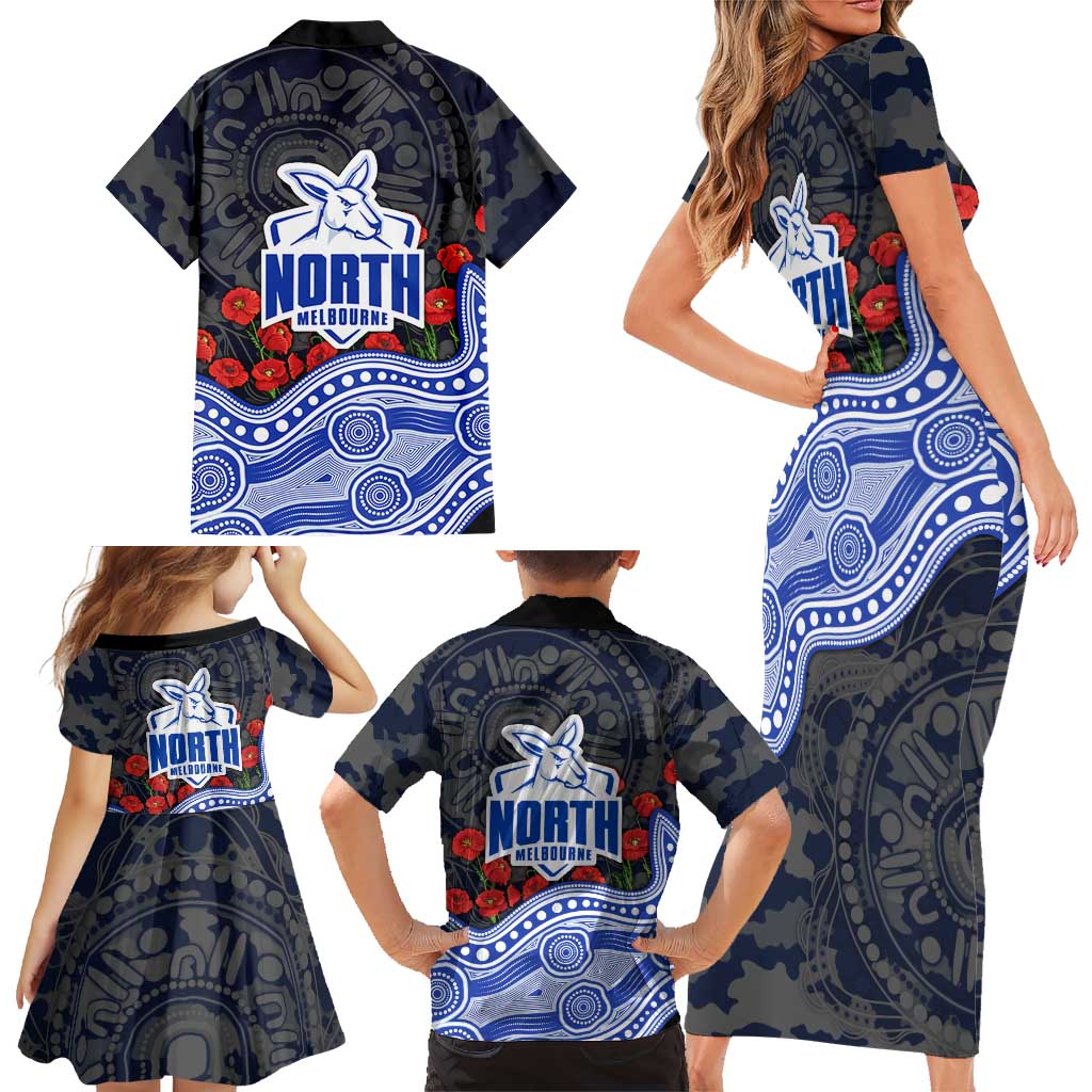 North Melbourne Kangaroos ANZAC Day Family Matching Short Sleeve Bodycon Dress and Hawaiian Shirt Indigenous Dot Art with Poppy Flower Tribute