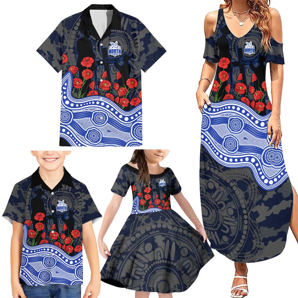 North Melbourne Kangaroos ANZAC Day Family Matching Summer Maxi Dress and Hawaiian Shirt Indigenous Dot Art with Poppy Flower Tribute
