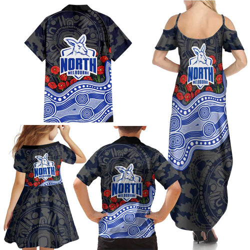 North Melbourne Kangaroos ANZAC Day Family Matching Summer Maxi Dress and Hawaiian Shirt Indigenous Dot Art with Poppy Flower Tribute
