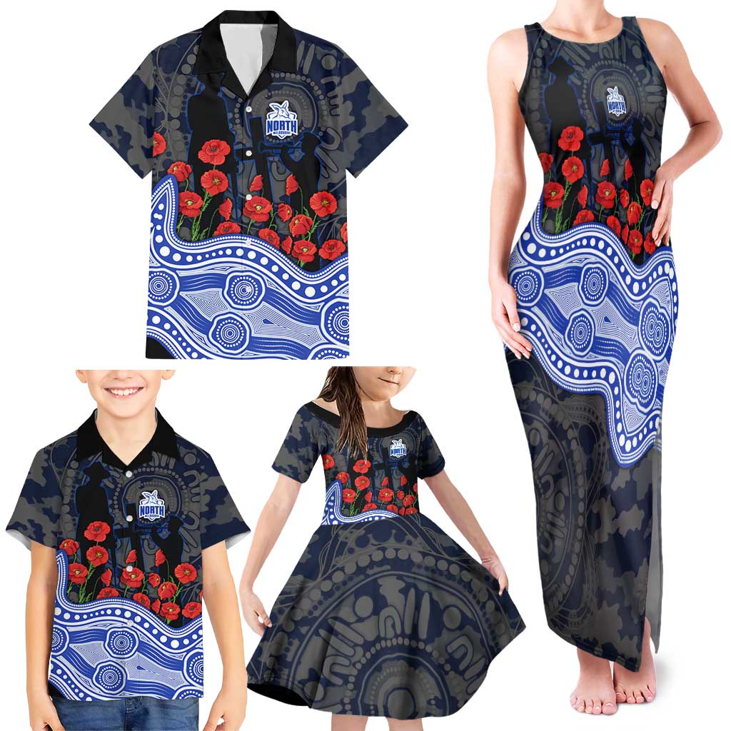 North Melbourne Kangaroos ANZAC Day Family Matching Tank Maxi Dress and Hawaiian Shirt Indigenous Dot Art with Poppy Flower Tribute