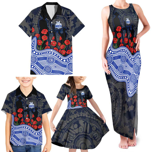 North Melbourne Kangaroos ANZAC Day Family Matching Tank Maxi Dress and Hawaiian Shirt Indigenous Dot Art with Poppy Flower Tribute
