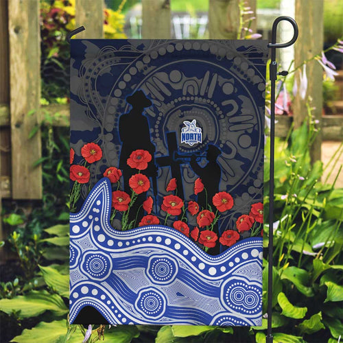North Melbourne Kangaroos ANZAC Day Garden Flag Indigenous Dot Art with Poppy Flower Tribute