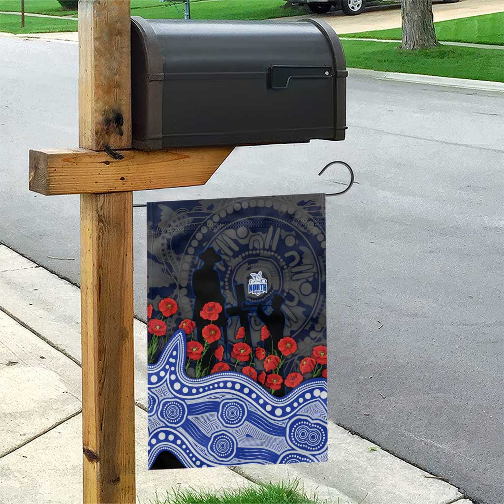 North Melbourne Kangaroos ANZAC Day Garden Flag Indigenous Dot Art with Poppy Flower Tribute