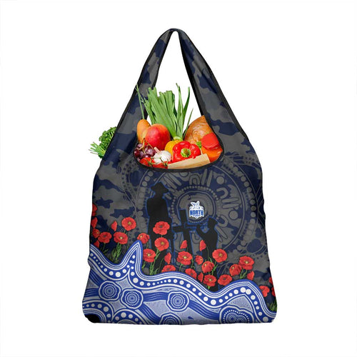 North Melbourne Kangaroos ANZAC Day Grocery Bag Indigenous Dot Art with Poppy Flower Tribute