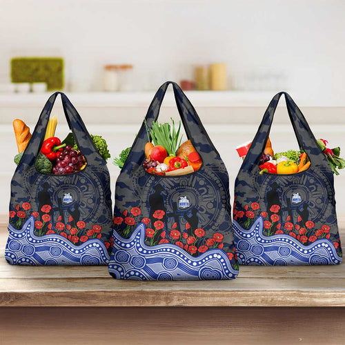 North Melbourne Kangaroos ANZAC Day Grocery Bag Indigenous Dot Art with Poppy Flower Tribute