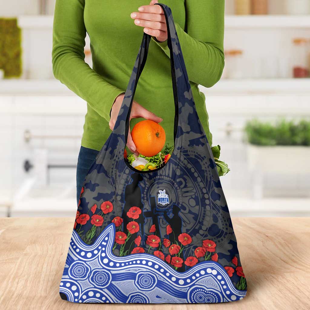 North Melbourne Kangaroos ANZAC Day Grocery Bag Indigenous Dot Art with Poppy Flower Tribute