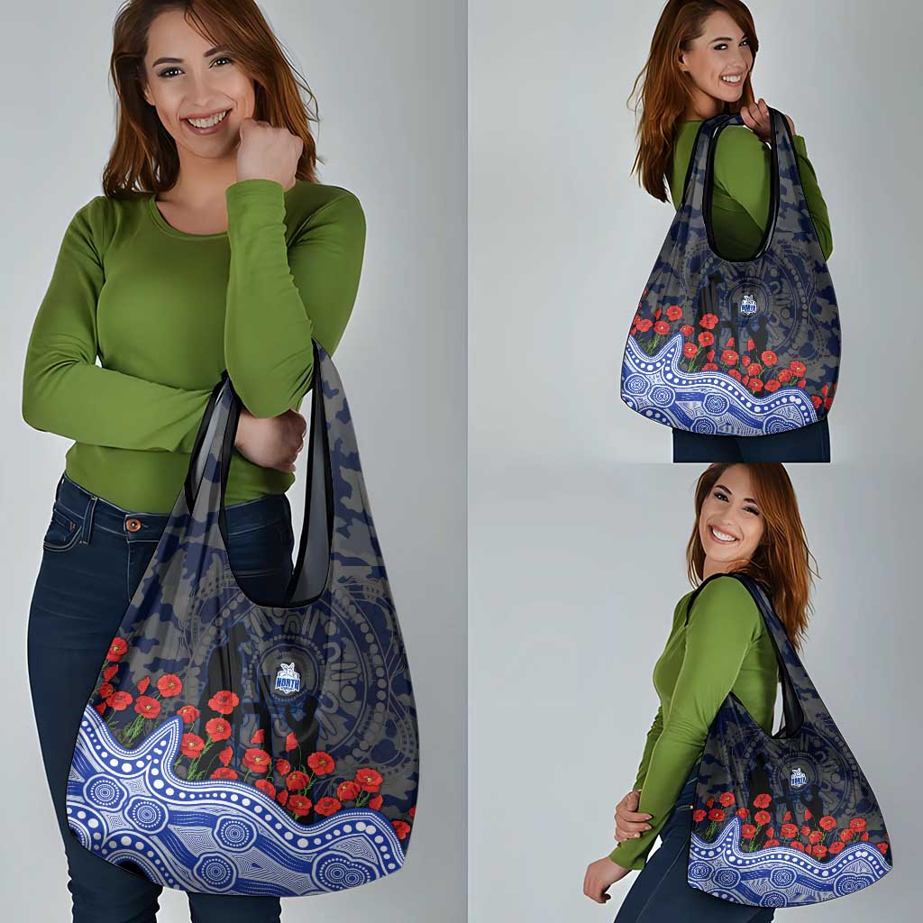 North Melbourne Kangaroos ANZAC Day Grocery Bag Indigenous Dot Art with Poppy Flower Tribute