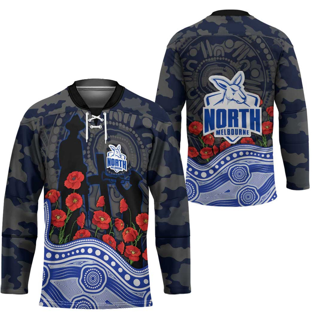 North Melbourne Kangaroos ANZAC Day Hockey Jersey Indigenous Dot Art with Poppy Flower Tribute