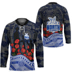 North Melbourne Kangaroos ANZAC Day Hockey Jersey Indigenous Dot Art with Poppy Flower Tribute