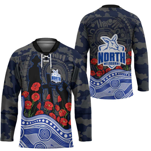 North Melbourne Kangaroos ANZAC Day Hockey Jersey Indigenous Dot Art with Poppy Flower Tribute