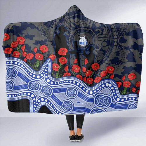North Melbourne Kangaroos ANZAC Day Hooded Blanket Indigenous Dot Art with Poppy Flower Tribute