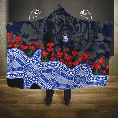 North Melbourne Kangaroos ANZAC Day Hooded Blanket Indigenous Dot Art with Poppy Flower Tribute
