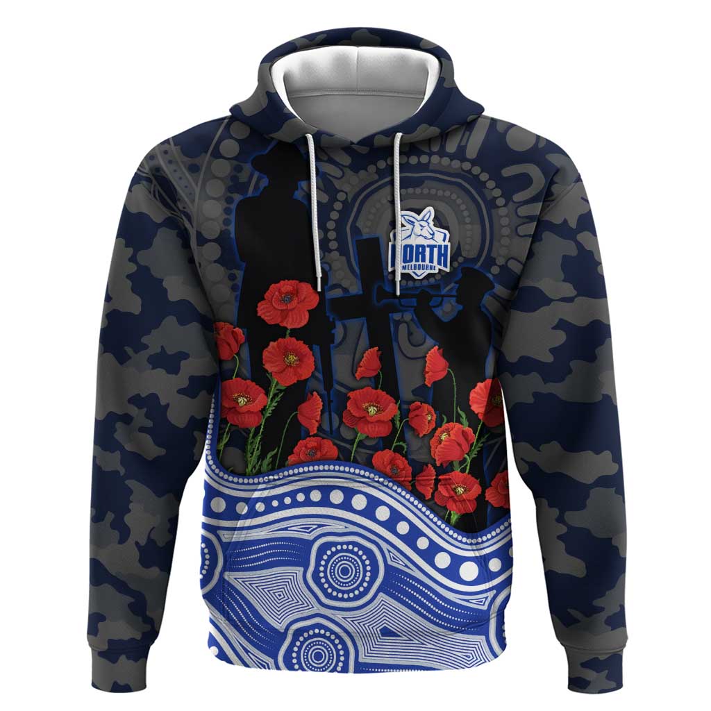 North Melbourne Kangaroos ANZAC Day Hoodie Indigenous Dot Art with Poppy Flower Tribute