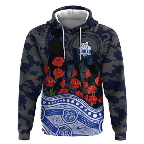North Melbourne Kangaroos ANZAC Day Hoodie Indigenous Dot Art with Poppy Flower Tribute