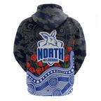 North Melbourne Kangaroos ANZAC Day Hoodie Indigenous Dot Art with Poppy Flower Tribute