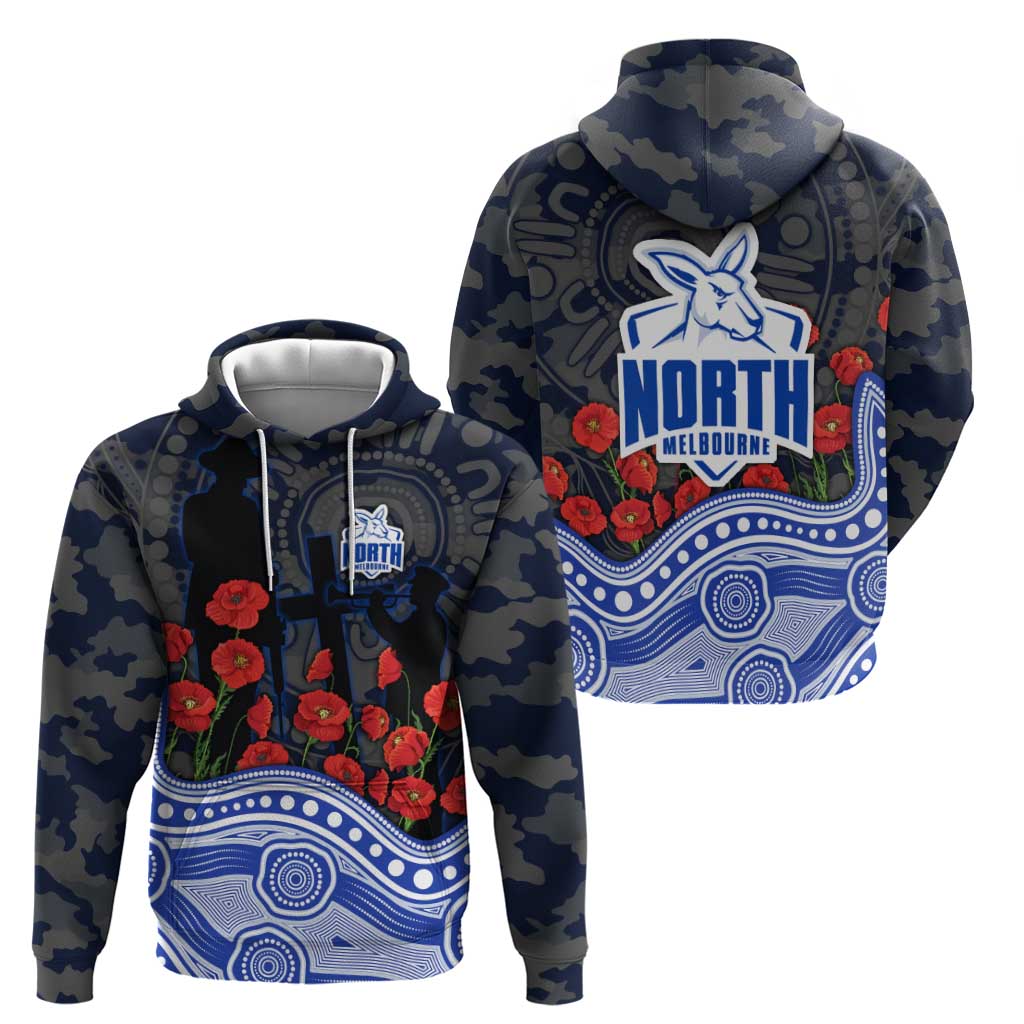 North Melbourne Kangaroos ANZAC Day Hoodie Indigenous Dot Art with Poppy Flower Tribute