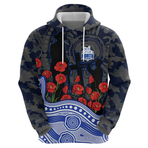 North Melbourne Kangaroos ANZAC Day Hoodie Indigenous Dot Art with Poppy Flower Tribute