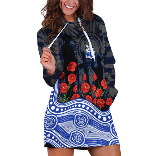 North Melbourne Kangaroos ANZAC Day Hoodie Dress Indigenous Dot Art with Poppy Flower Tribute