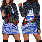 North Melbourne Kangaroos ANZAC Day Hoodie Dress Indigenous Dot Art with Poppy Flower Tribute