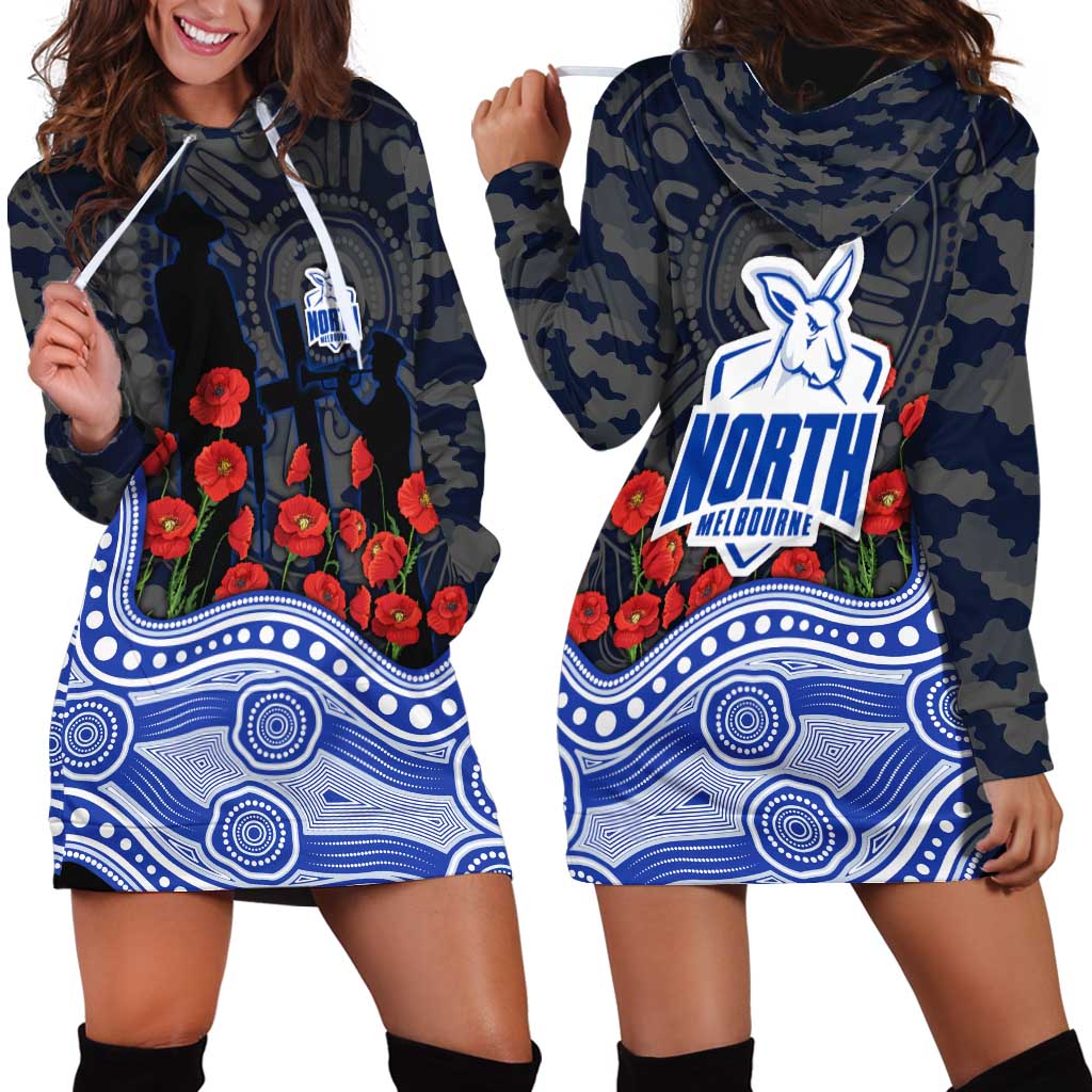 North Melbourne Kangaroos ANZAC Day Hoodie Dress Indigenous Dot Art with Poppy Flower Tribute