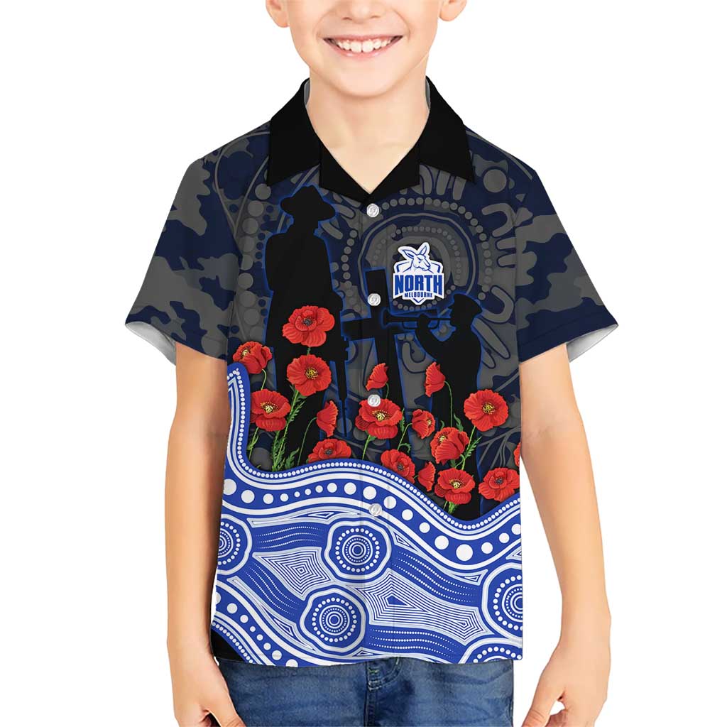 North Melbourne Kangaroos ANZAC Day Kid Hawaiian Shirt Indigenous Dot Art with Poppy Flower Tribute