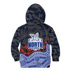 North Melbourne Kangaroos ANZAC Day Kid Hoodie Indigenous Dot Art with Poppy Flower Tribute