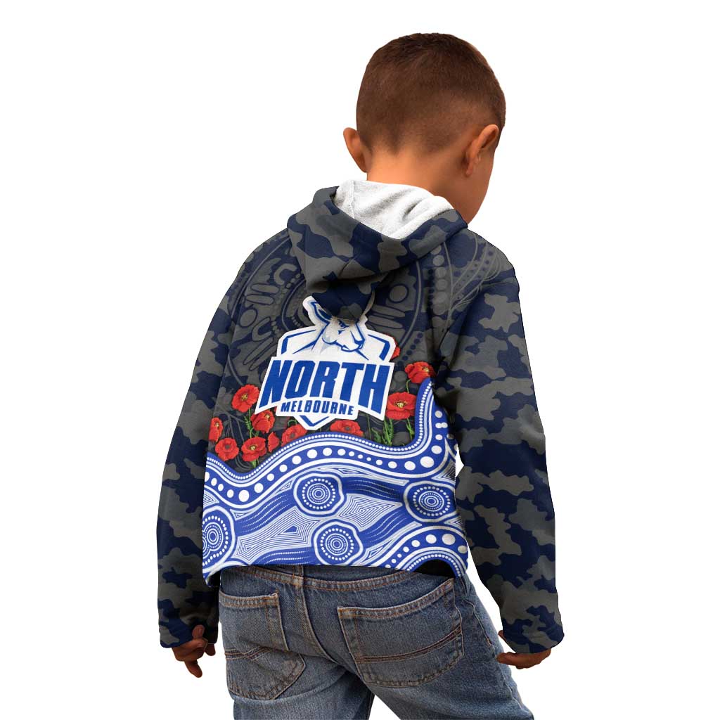 North Melbourne Kangaroos ANZAC Day Kid Hoodie Indigenous Dot Art with Poppy Flower Tribute
