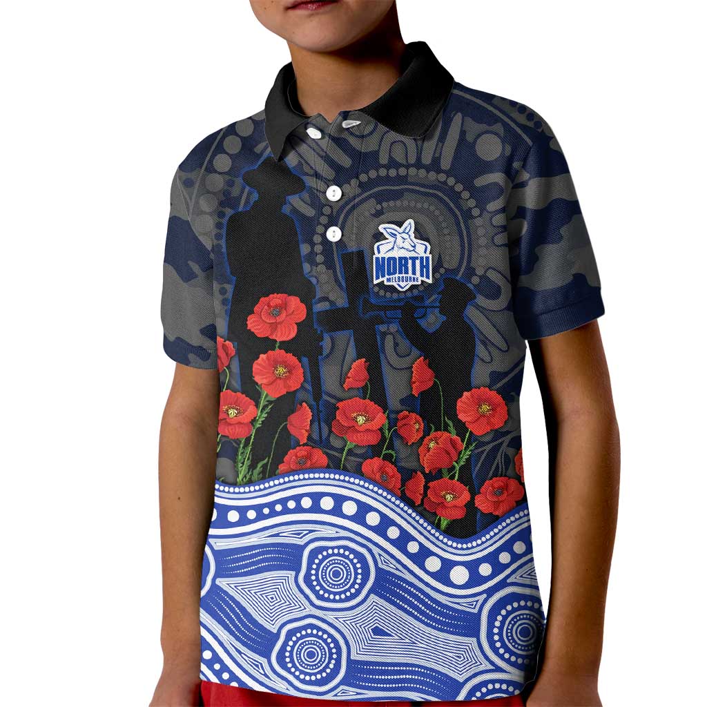 North Melbourne Kangaroos ANZAC Day Kid Polo Shirt Indigenous Dot Art with Poppy Flower Tribute