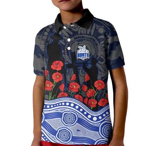 North Melbourne Kangaroos ANZAC Day Kid Polo Shirt Indigenous Dot Art with Poppy Flower Tribute