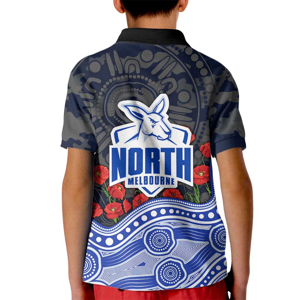 North Melbourne Kangaroos ANZAC Day Kid Polo Shirt Indigenous Dot Art with Poppy Flower Tribute