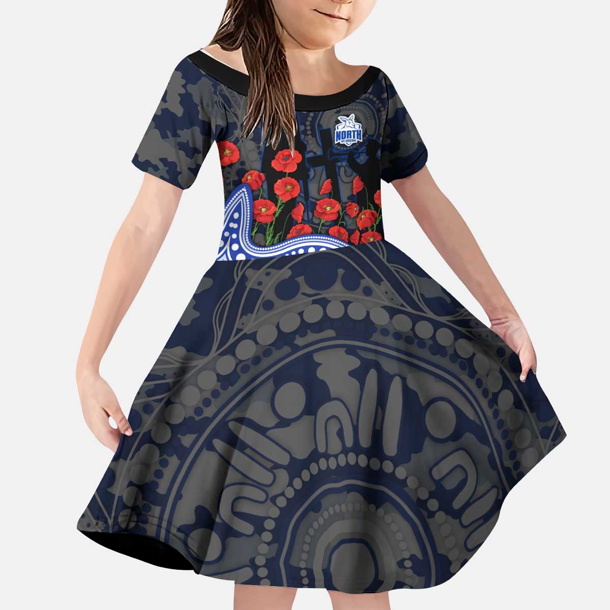 North Melbourne Kangaroos ANZAC Day Kid Short Sleeve Dress Indigenous Dot Art with Poppy Flower Tribute