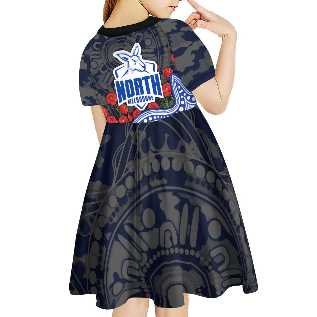 North Melbourne Kangaroos ANZAC Day Kid Short Sleeve Dress Indigenous Dot Art with Poppy Flower Tribute