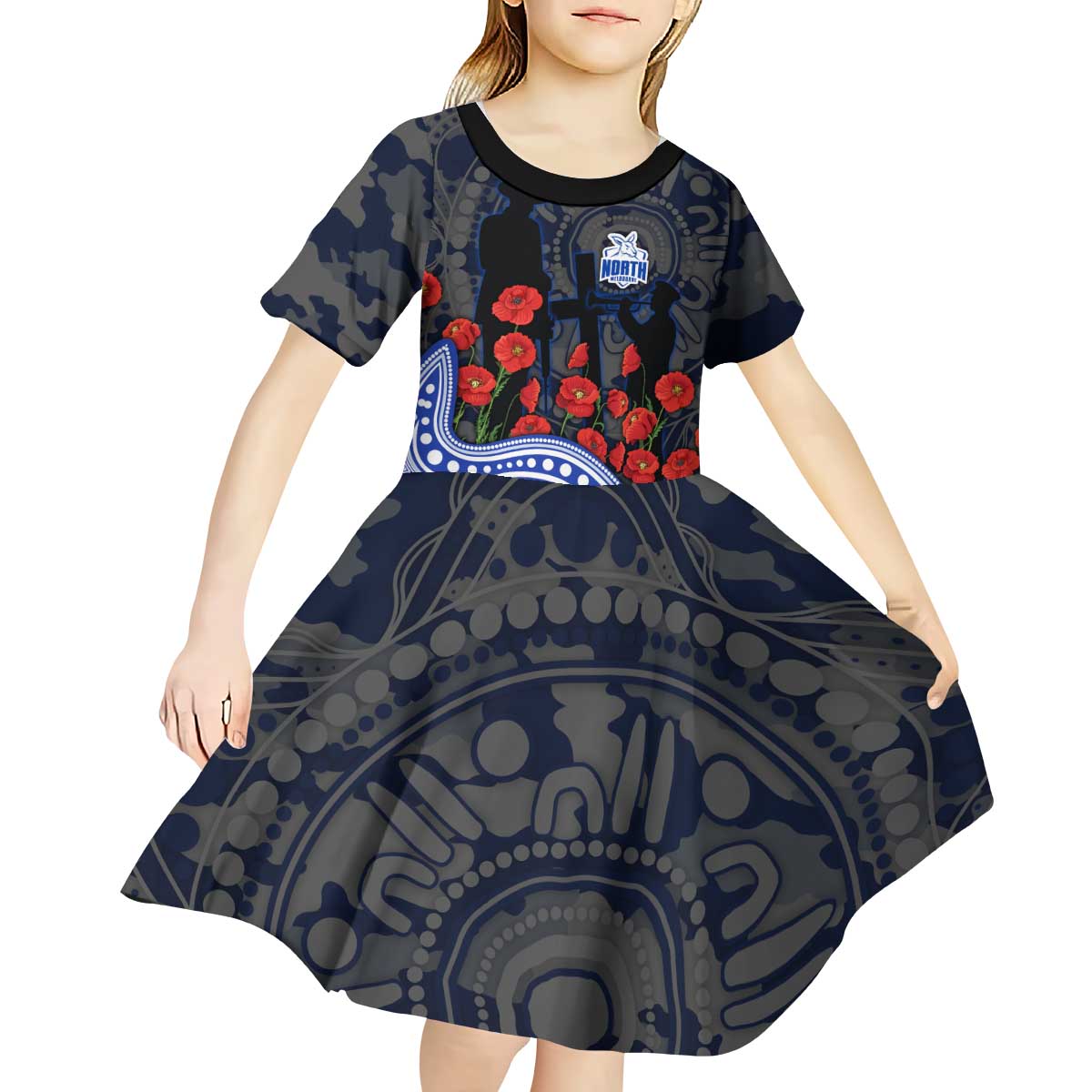 North Melbourne Kangaroos ANZAC Day Kid Short Sleeve Dress Indigenous Dot Art with Poppy Flower Tribute