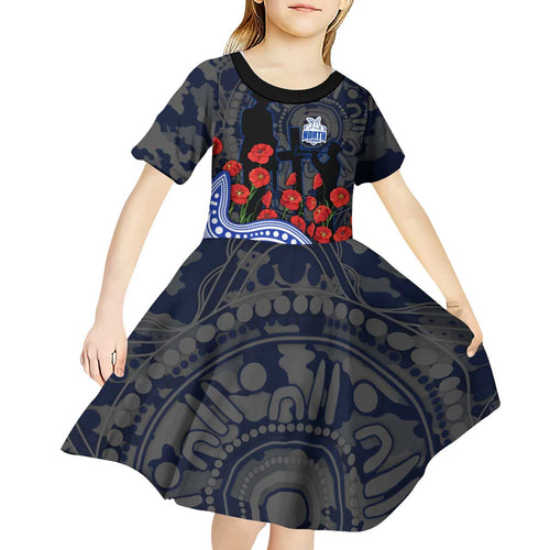 North Melbourne Kangaroos ANZAC Day Kid Short Sleeve Dress Indigenous Dot Art with Poppy Flower Tribute