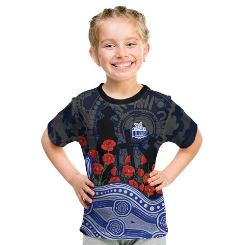 North Melbourne Kangaroos ANZAC Day Kid T Shirt Indigenous Dot Art with Poppy Flower Tribute