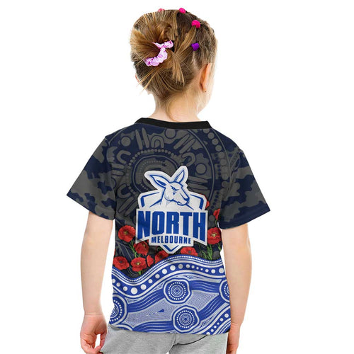 North Melbourne Kangaroos ANZAC Day Kid T Shirt Indigenous Dot Art with Poppy Flower Tribute